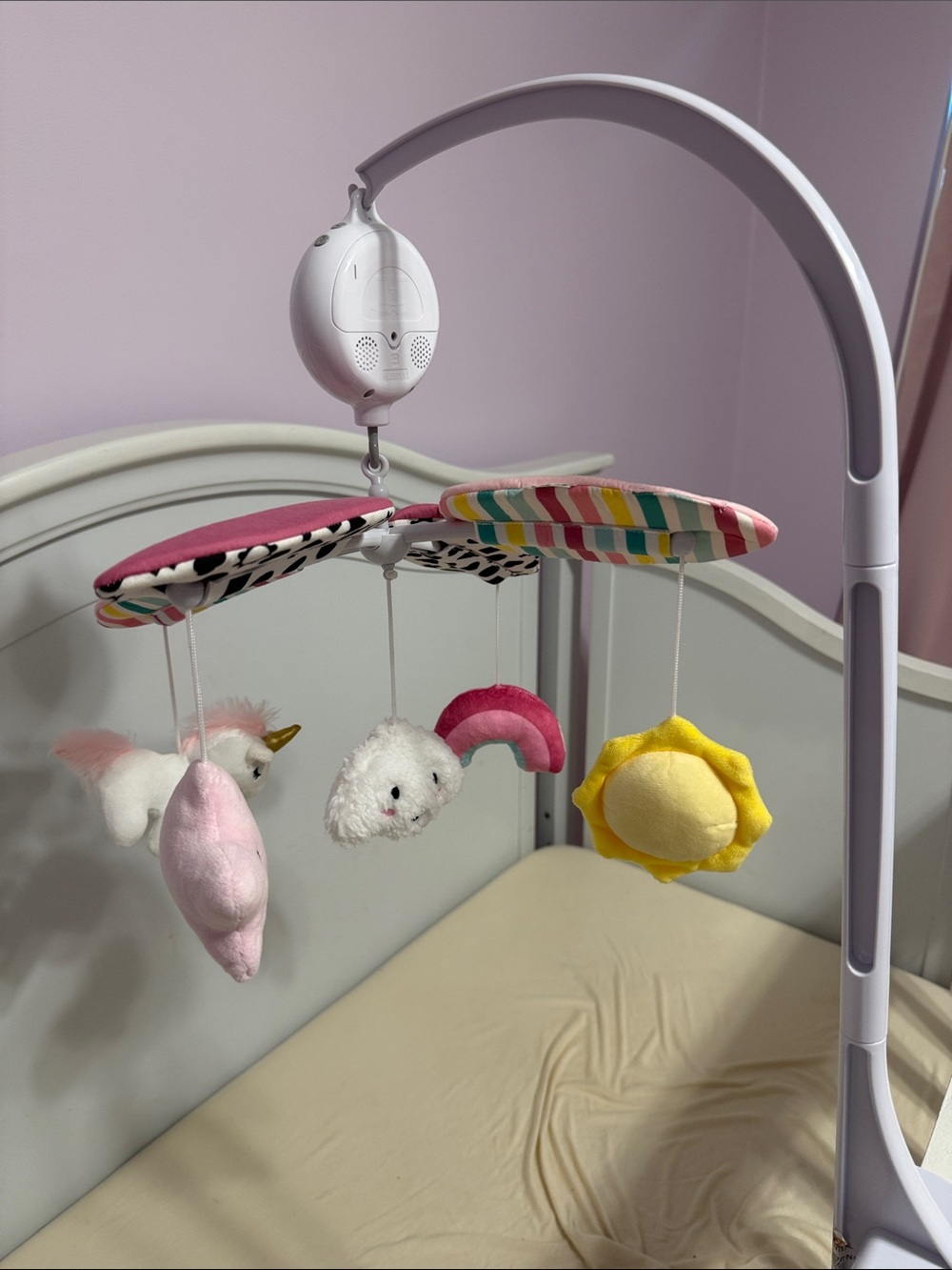 Nursery Mobile with Pink, Yellow & White Plush Toys
